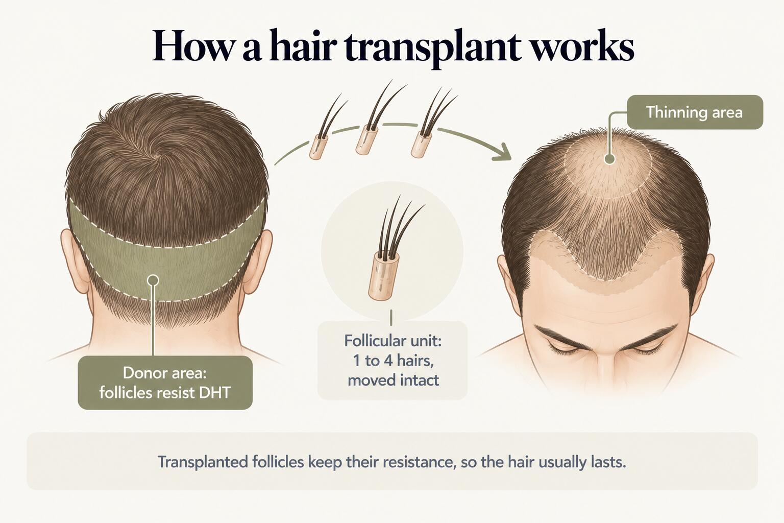 How a hair transplant works: follicular units of 1 to 4 hairs are moved intact from the donor area at the back and sides of the scalp, where follicles resist DHT, to the thinning area at the front and crown. Transplanted follicles keep their resistance, so the hair usually lasts