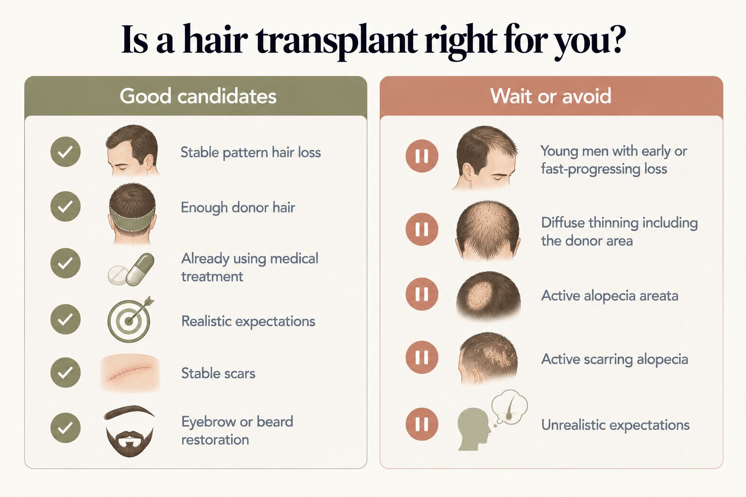 Is a hair transplant right for you: good candidates have stable pattern hair loss, enough donor hair, are already using medical treatment, have realistic expectations, stable scars, or want eyebrow or beard restoration; wait or avoid with early or fast-progressing loss in young men, diffuse thinning including the donor area, active alopecia areata, active scarring alopecia or unrealistic expectations