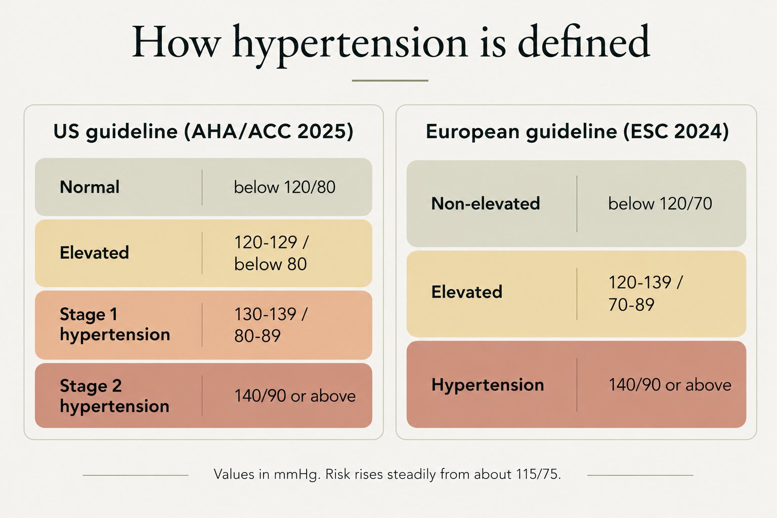 Comparison, how hypertension is defined. US guideline (AHA/ACC 2025): normal below 120/80, elevated 120-129/below 80, stage 1 hypertension 130-139/80-89, stage 2 hypertension 140/90 or above. European guideline (ESC 2024): non-elevated below 120/70, elevated 120-139/70-89, hypertension 140/90 or above. Values in mmHg; risk rises steadily from about 115/75