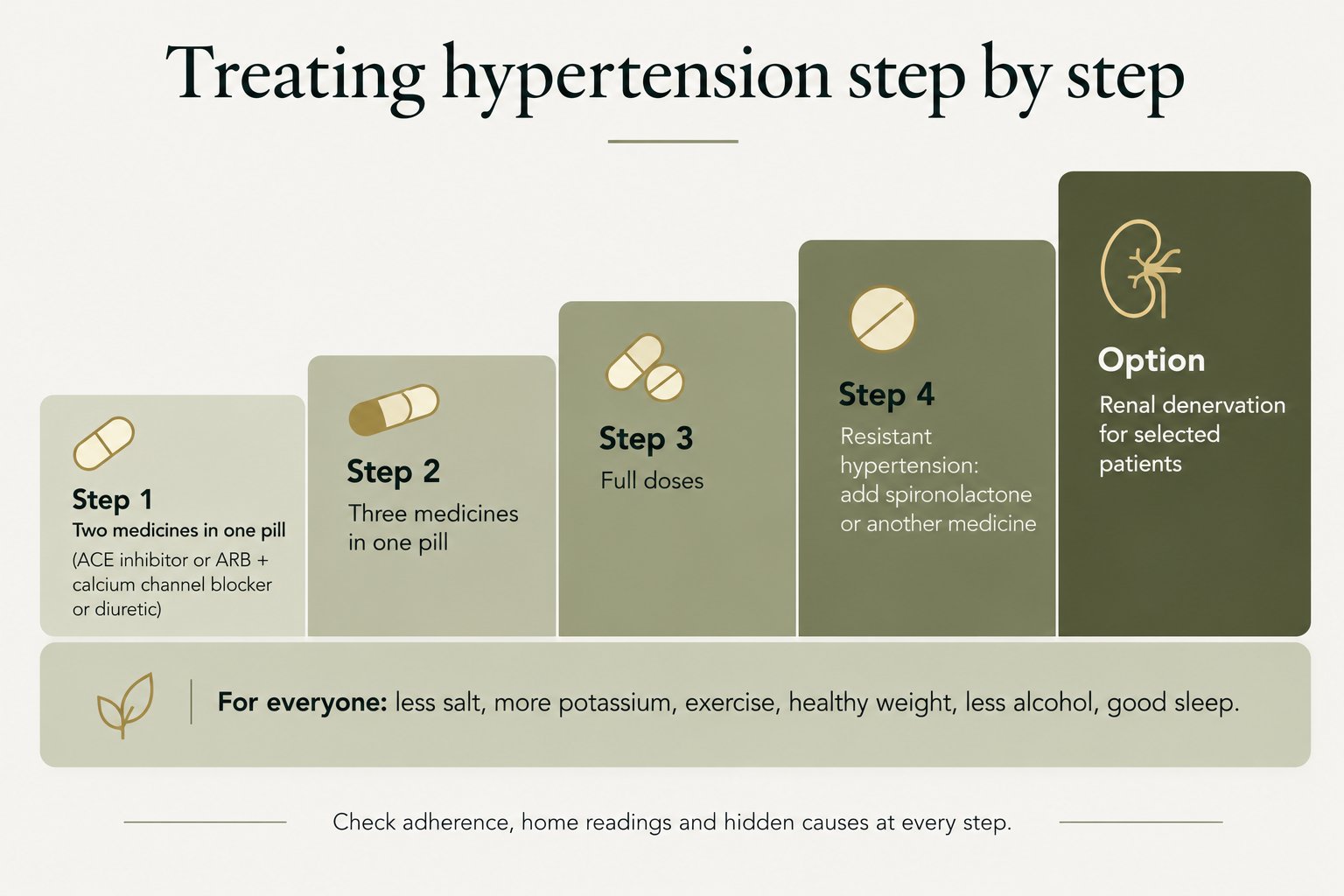 Treatment ladder, treating hypertension step by step: for everyone, less salt, more potassium, exercise, healthy weight, less alcohol and good sleep; step 1 two medicines in one pill (ACE inhibitor or ARB plus calcium channel blocker or diuretic); step 2 three medicines in one pill; step 3 full doses; step 4 resistant hypertension, add spironolactone or another medicine; option, renal denervation for selected patients. Check adherence, home readings and hidden causes at every step