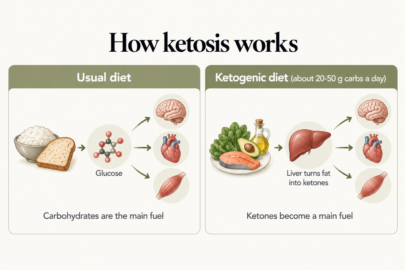 How ketosis works: on a usual diet carbohydrates provide glucose as the main fuel; on a ketogenic diet of about 20-50 g carbs a day, the liver turns fat into ketones for the brain, heart and muscles