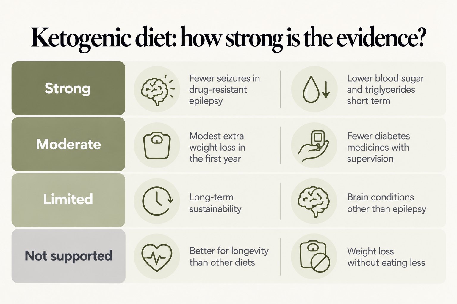 Ketogenic diet evidence scorecard: strong for epilepsy and short-term blood sugar and triglycerides; moderate for first-year weight loss and fewer diabetes medicines; limited for sustainability and other brain conditions; longevity and weight loss without eating less not supported
