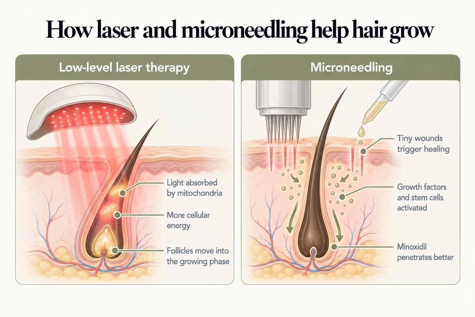 How laser and microneedling help hair grow: in low-level laser therapy, red light is absorbed by mitochondria in follicle cells, increasing cellular energy and moving follicles into the growing phase; in microneedling, tiny wounds trigger healing, activate growth factors and stem cells, and help minoxidil penetrate better