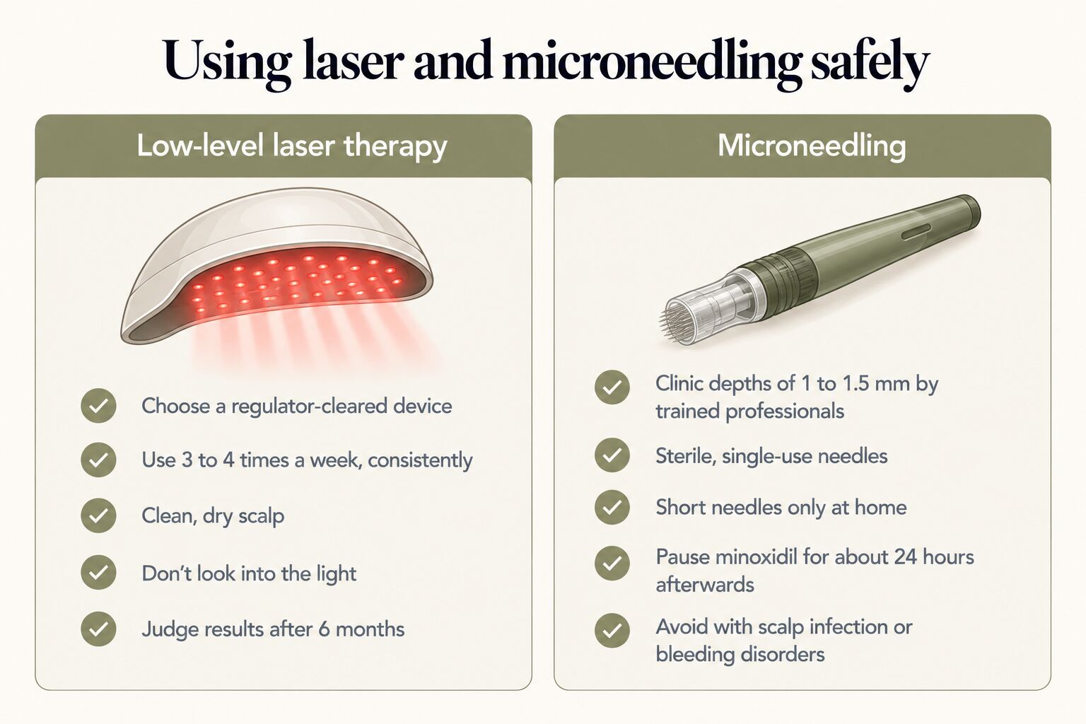 Using laser and microneedling safely: for low-level laser therapy, choose a regulator-cleared device, use it 3 to 4 times a week consistently on a clean, dry scalp, don't look into the light and judge results after 6 months; for microneedling, clinic depths of 1 to 1.5 mm by trained professionals, sterile single-use needles, short needles only at home, pause minoxidil for about 24 hours afterwards, and avoid with scalp infection or bleeding disorders