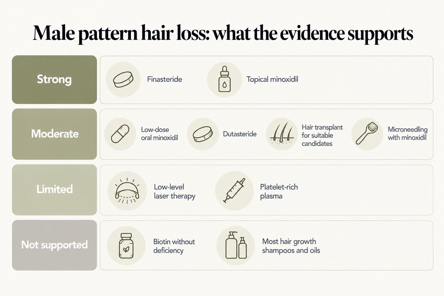 Male pattern hair loss, what the evidence supports: strong for finasteride and topical minoxidil; moderate for low-dose oral minoxidil, dutasteride, hair transplant for suitable candidates and microneedling with minoxidil; limited for low-level laser therapy and platelet-rich plasma; not supported for biotin without deficiency and most hair growth shampoos and oils