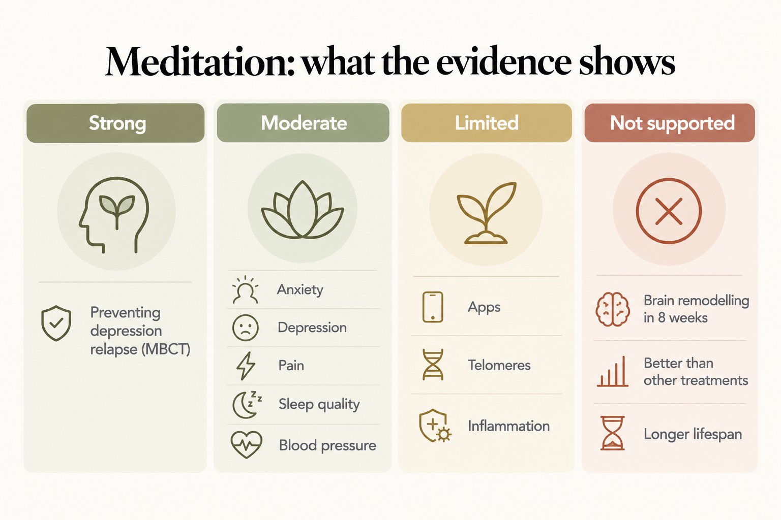 Meditation evidence scorecard: strong for preventing depression relapse; moderate for anxiety, depression, pain, sleep and blood pressure; limited for apps, telomeres and inflammation; not supported for brain remodelling, superiority or longer lifespan