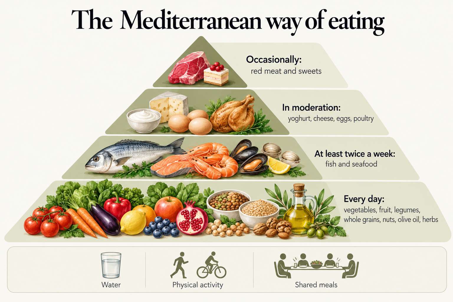 The Mediterranean way of eating: vegetables, fruit, legumes, whole grains, nuts, olive oil and herbs every day; fish at least twice a week; yoghurt, cheese, eggs and poultry in moderation; red meat and sweets occasionally
