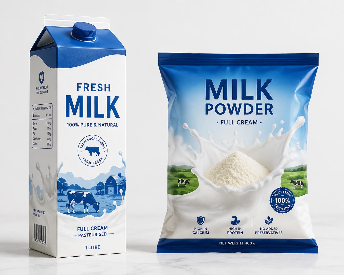 Fresh milk carton and milk powder tin side by side