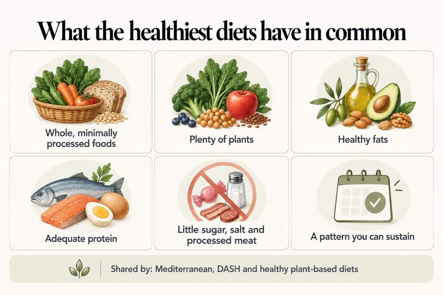 What the healthiest diets have in common: whole, minimally processed foods; plenty of plants; healthy fats; adequate protein; little sugar, salt and processed meat; and a pattern you can sustain, shared by the Mediterranean, DASH and healthy plant-based diets