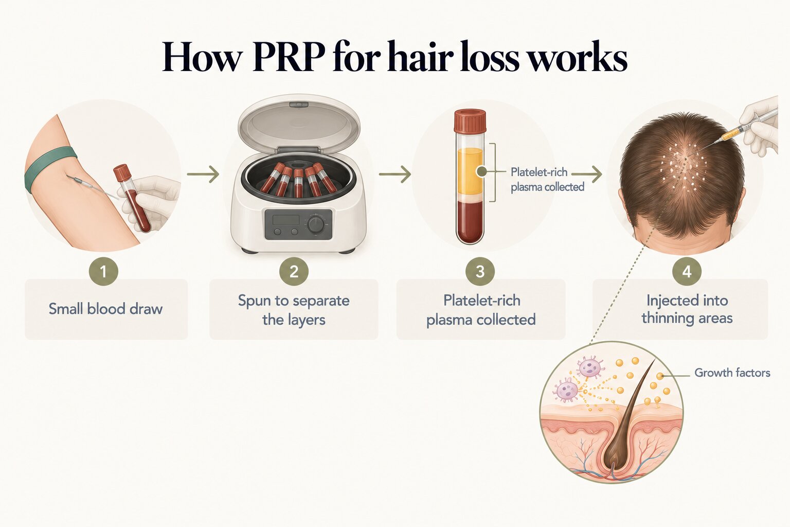 How PRP for hair loss works: a small blood draw, spun in a centrifuge to separate the layers, the platelet-rich plasma collected and injected into thinning areas of the scalp, where platelets release growth factors around the hair follicles