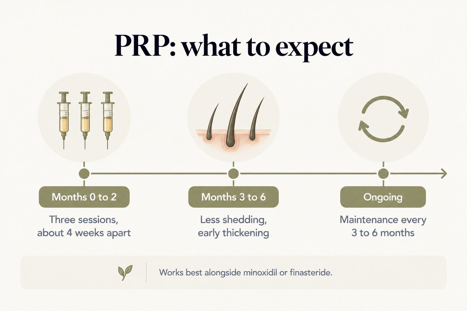 PRP, what to expect: three sessions about 4 weeks apart in months 0 to 2; less shedding and early thickening at months 3 to 6; maintenance every 3 to 6 months. Works best alongside minoxidil or finasteride