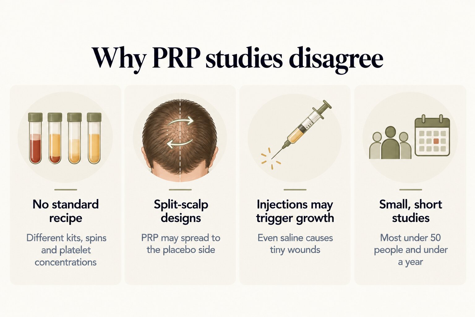 Why PRP studies disagree: no standard recipe, with different kits, spins and platelet concentrations; split-scalp designs where PRP may spread to the placebo side; injections that may trigger growth themselves, since even saline causes tiny wounds; and small, short studies, most with under 50 people and lasting under a year