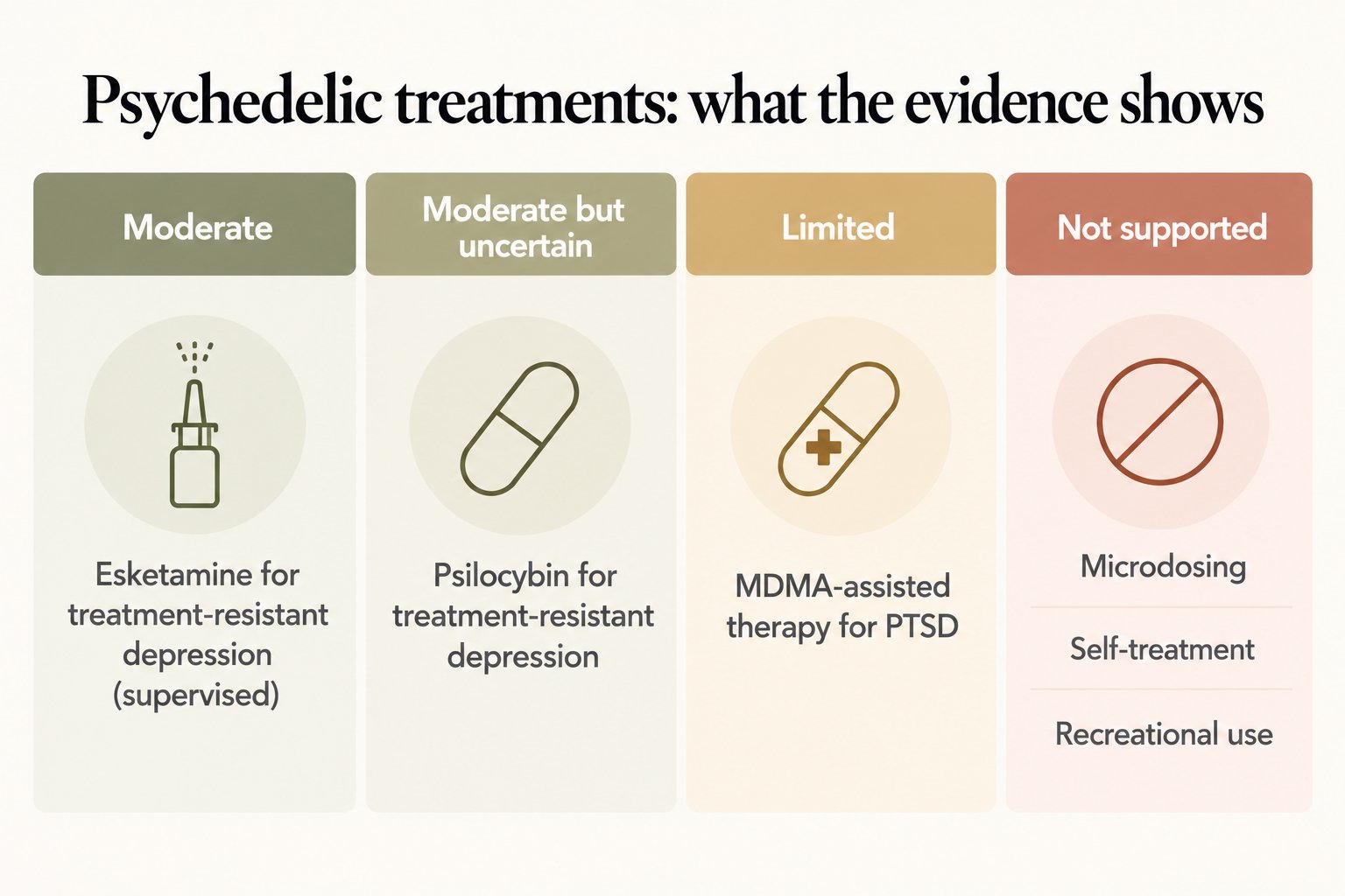 Psychedelic treatments evidence scorecard: moderate for supervised esketamine, moderate but uncertain for psilocybin, limited for MDMA-assisted therapy, and microdosing, self-treatment and recreational use not supported