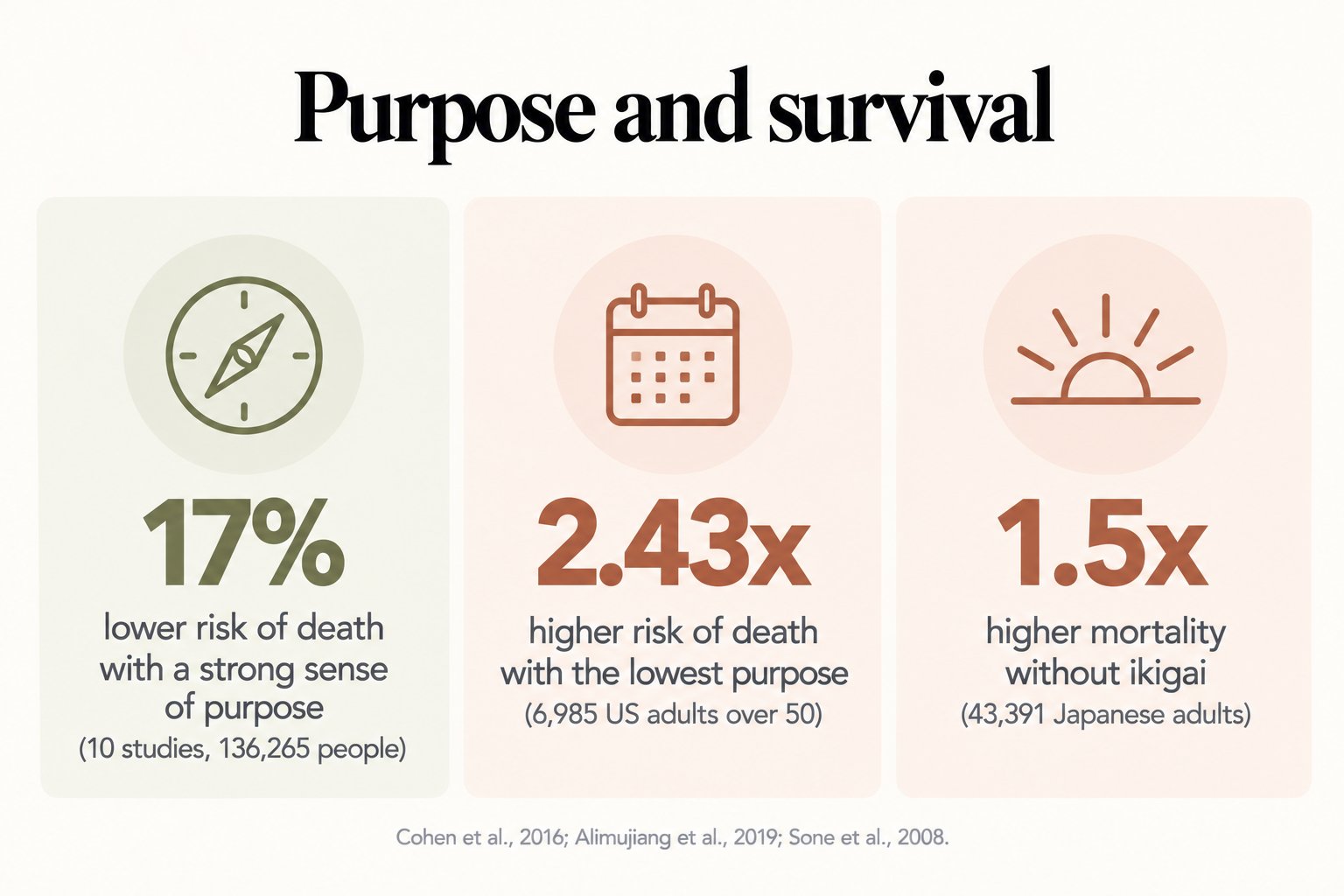 Stat tiles, purpose and survival: 17% lower risk of death with a strong sense of purpose (10 studies, 136,265 people), 2.43 times higher risk of death with the lowest purpose (6,985 US adults over 50), and 1.5 times higher mortality without ikigai (43,391 Japanese adults) (Cohen et al., 2016; Alimujiang et al., 2019; Sone et al., 2008)