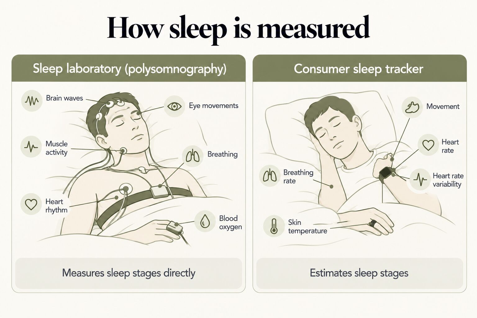 How sleep is measured: a sleep laboratory (polysomnography) records brain waves, eye movements, muscle activity, breathing, heart rhythm and blood oxygen and measures sleep stages directly, while a consumer sleep tracker uses movement, heart rate, heart rate variability, breathing rate and skin temperature to estimate sleep stages