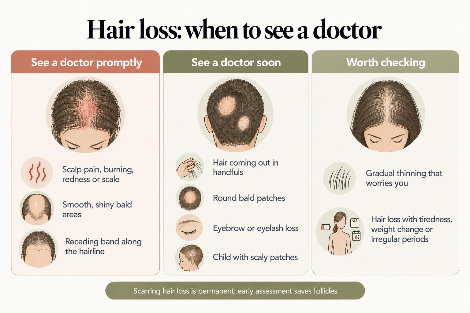 Hair loss, when to see a doctor: promptly for scalp pain, burning, redness or scale, smooth shiny bald areas or a receding band along the hairline; soon for hair coming out in handfuls, round bald patches, eyebrow or eyelash loss or a child with scaly patches; worth checking for gradual thinning that worries you or hair loss with tiredness, weight change or irregular periods. Scarring hair loss is permanent, so early assessment saves follicles
