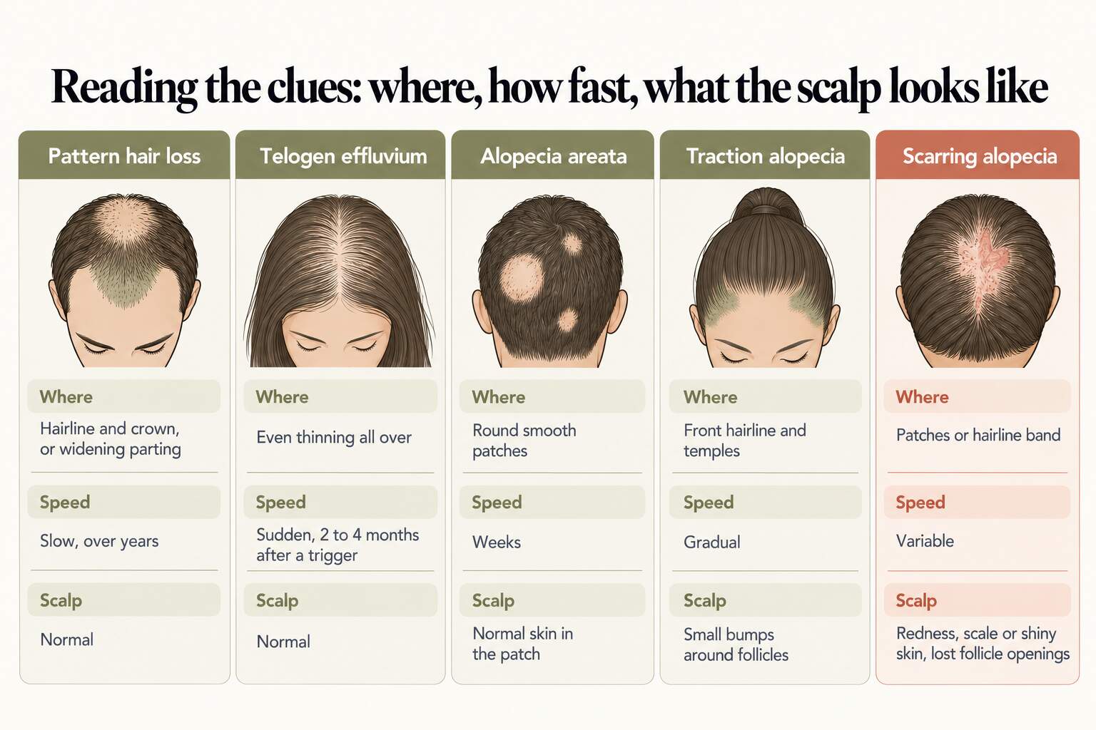Reading the clues: pattern hair loss affects the hairline and crown or widens the parting slowly over years with a normal scalp; telogen effluvium thins hair evenly all over, suddenly, 2 to 4 months after a trigger; alopecia areata causes round smooth patches over weeks; traction alopecia affects the front hairline and temples gradually with small bumps around follicles; scarring alopecia causes patches or a hairline band with redness, scale or shiny skin and lost follicle openings