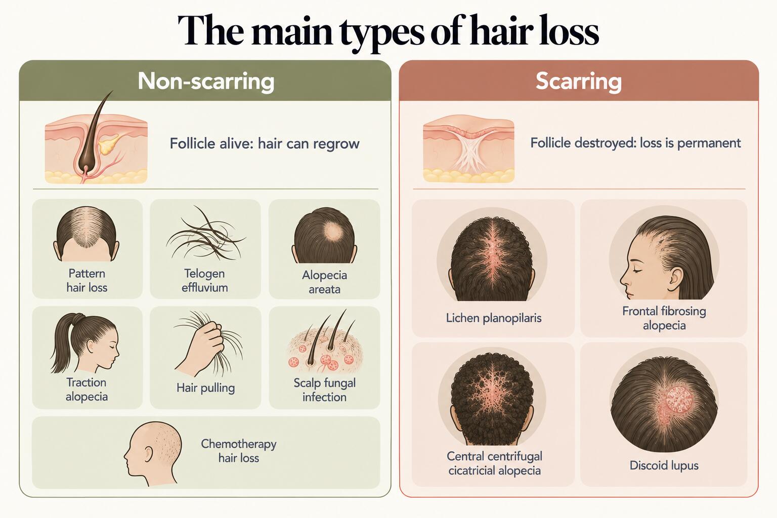 The main types of hair loss: non-scarring, where the follicle is alive and hair can regrow (pattern hair loss, telogen effluvium, alopecia areata, traction alopecia, hair pulling, scalp fungal infection, chemotherapy hair loss), and scarring, where the follicle is destroyed and loss is permanent (lichen planopilaris, frontal fibrosing alopecia, central centrifugal cicatricial alopecia, discoid lupus)