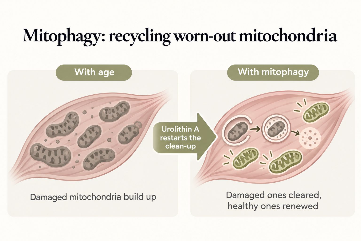 Mitophagy: with age, damaged mitochondria build up in muscle; urolithin A restarts the clean-up so damaged ones are cleared and healthy ones renewed