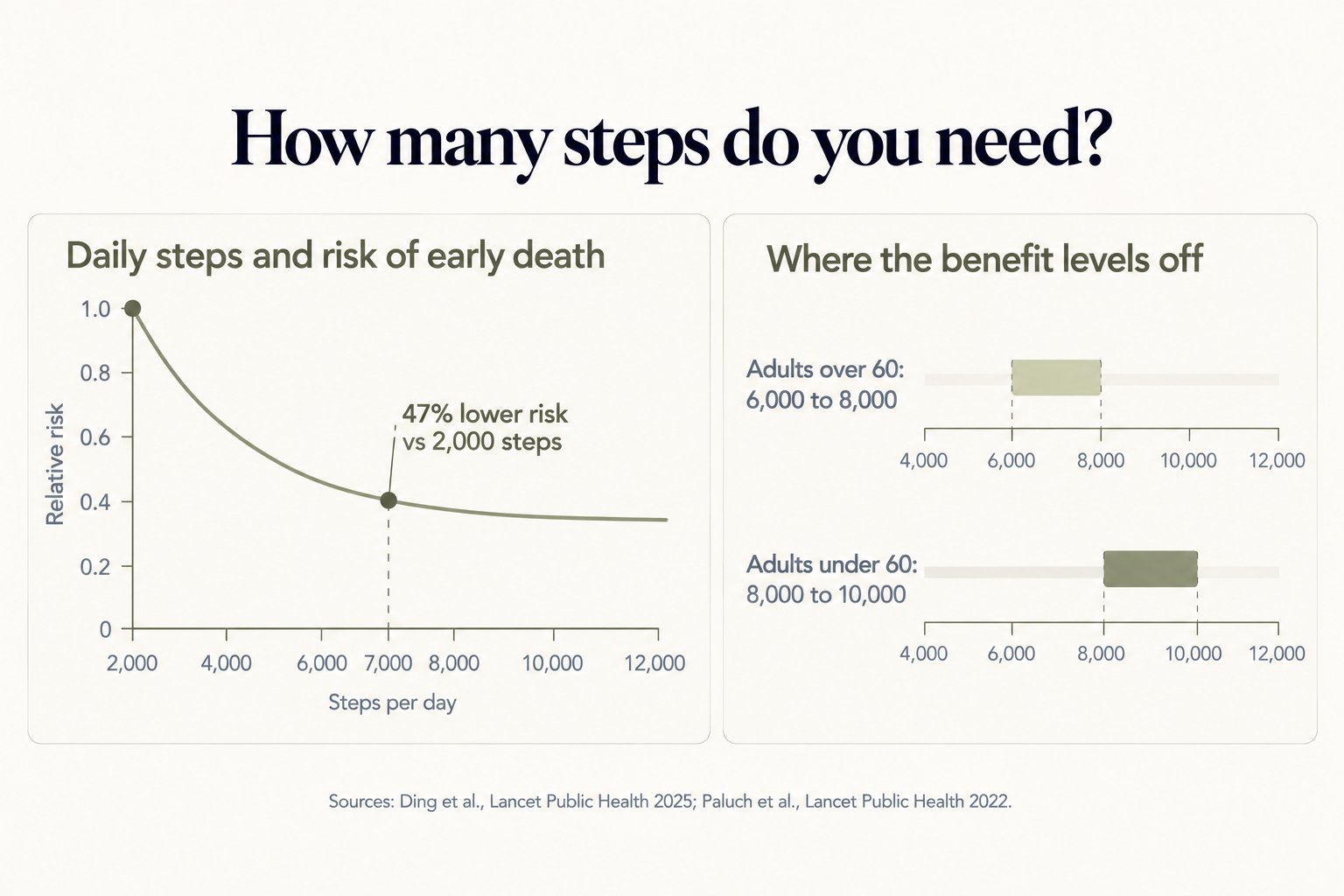 How many steps do you need: risk of early death falls steeply from 2,000 steps a day and flattens after about 7,000, which is linked to 47% lower risk than 2,000 steps; the benefit levels off at about 6,000 to 8,000 steps for adults over 60 and 8,000 to 10,000 for adults under 60