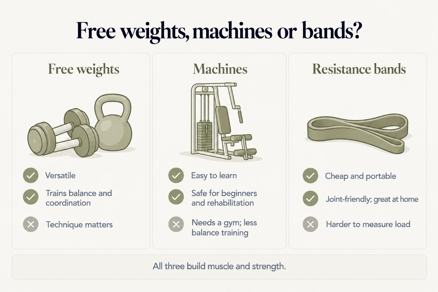 Free weights, machines or bands: free weights are versatile and train balance and coordination but technique matters; machines are easy to learn and safe for beginners and rehabilitation but need a gym and train less balance; resistance bands are cheap, portable and joint-friendly but load is harder to measure; all three build muscle and strength
