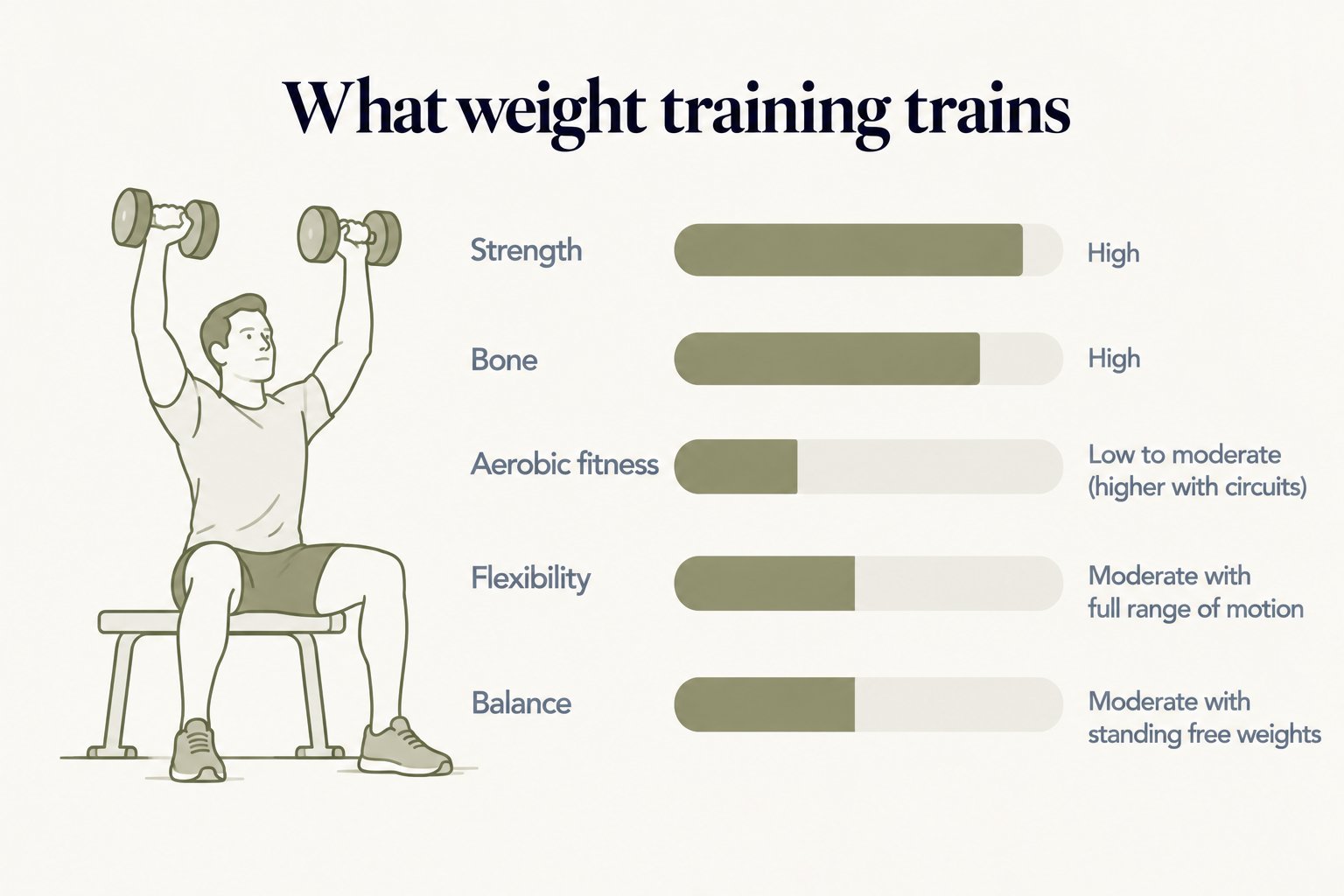 What weight training trains: high strength and bone, low to moderate aerobic fitness that rises with circuits, moderate flexibility with full range of motion, and moderate balance with standing free weights